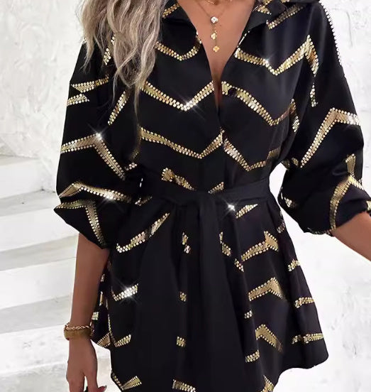 Women's Clothing Temperament Printed Long Sleeve Shirt Skirt-Lady Dresses-Zishirts