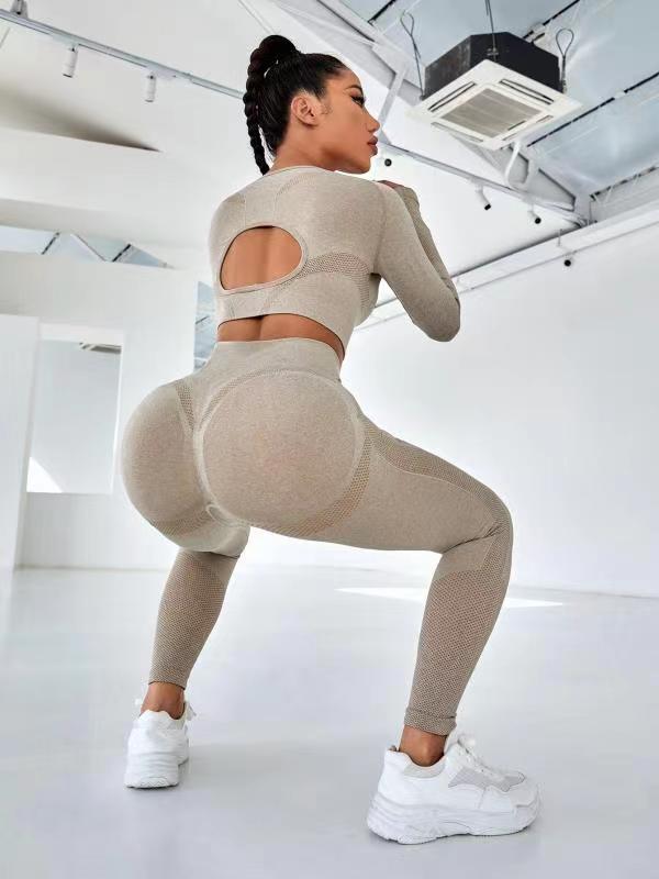 Yoga Outdoor Base Fitness Peach Hip Hollow-out Tight Long Sleeve Trousers Sports Two-piece Suit-Women's Outerwear 2023-Zishirts