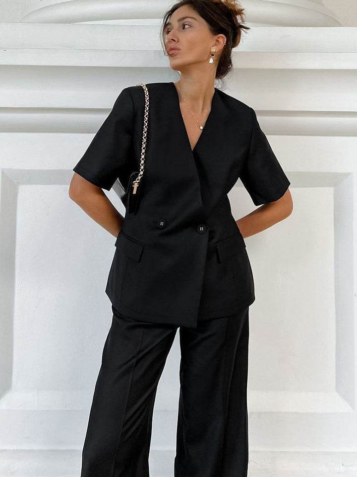 Women's Fashion Casual V-neck Suit Short Sleeve High Waist Trousers Suit-Suits & Sets-Zishirts