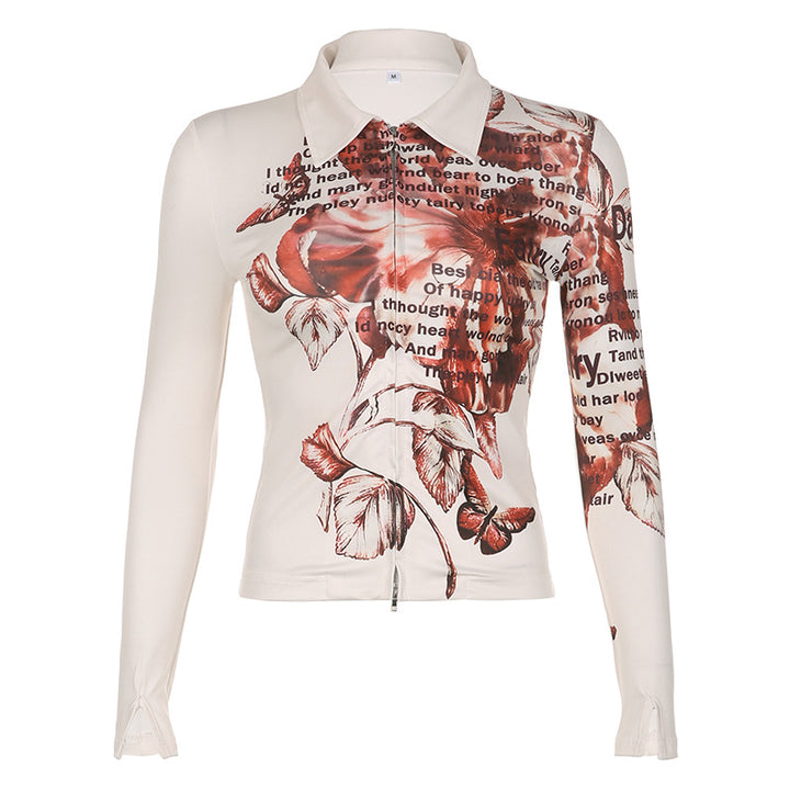 Tie-dye Three-dimensional Printing Double Zipper Exposed Navel Polo Collar Top-Blouses & Shirts-Zishirts