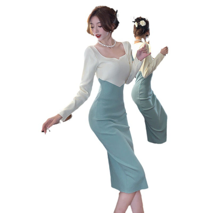 Autumn Elegant Knitted Contrast Color Slim Fit Sheath Dress-Lady Dresses-Zishirts