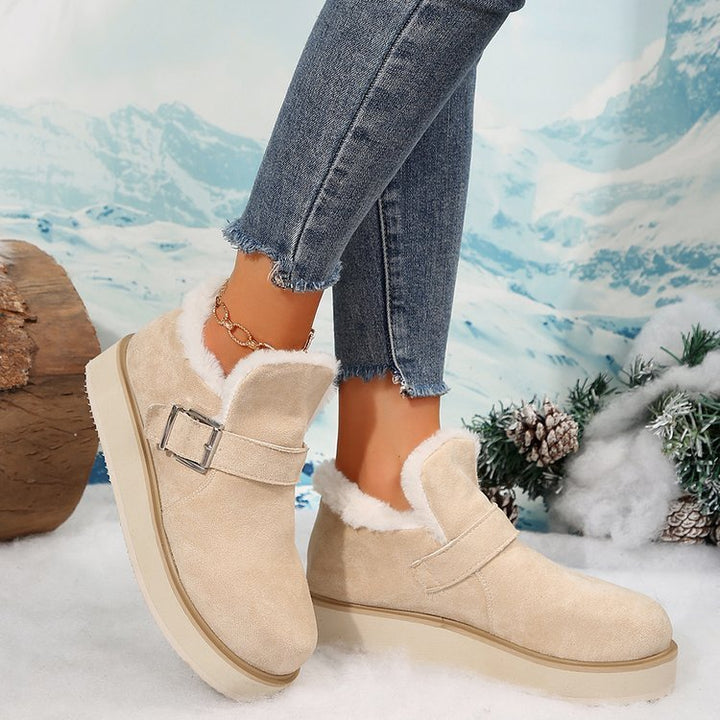 Winter Buckle Snow Boots Fashion Flat Thick-soled Cotton Shoes Round Toe Plus Velvet Warm Ankle Boot For Women-Womens Footwear-Zishirts