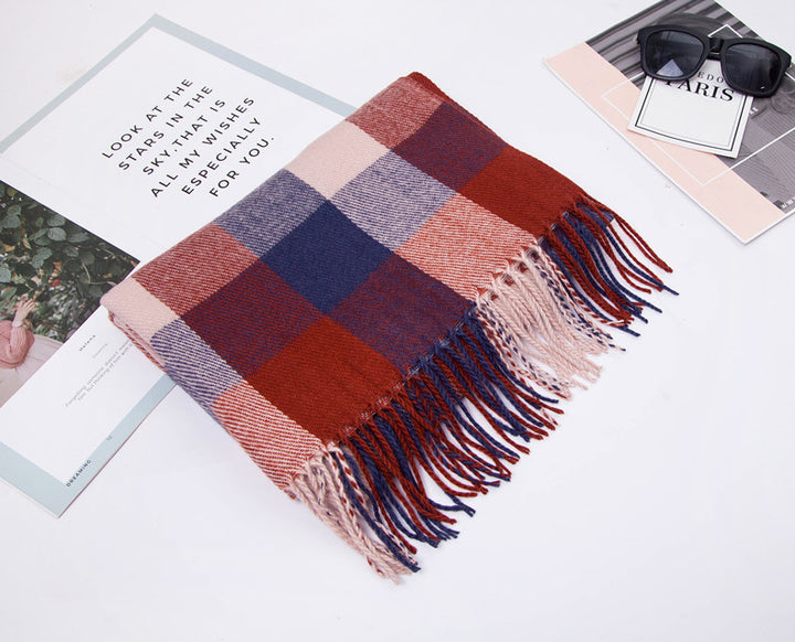 Autumn And Winter Cashmere-like Red Plaid Double-sided Color Plaid Tassel Scarf-Scarves & Wraps-Zishirts