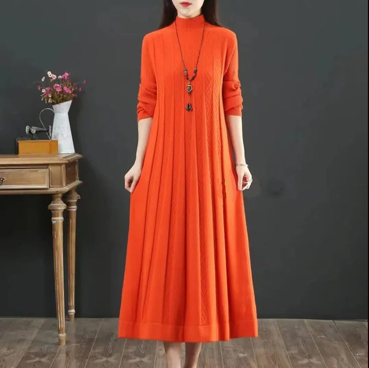 Women's Loose Solid Color Sweater Pleated Dress-Lady Dresses-Zishirts