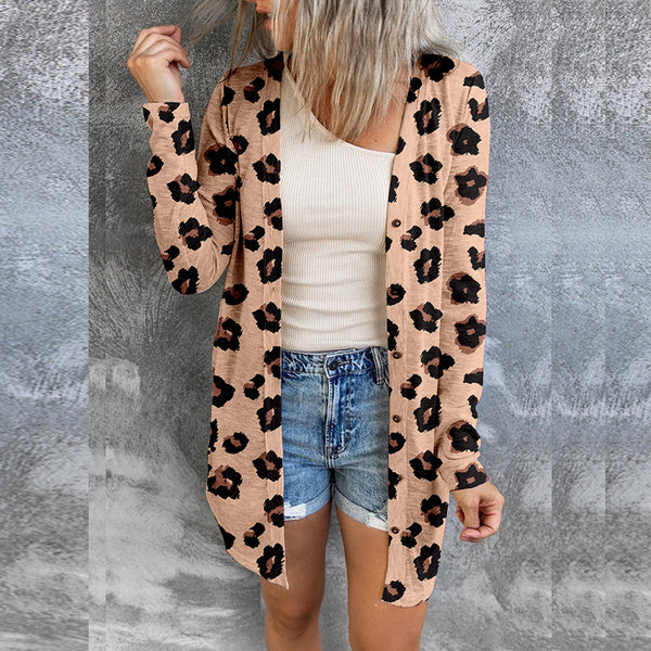 Long European And American Personalized Leopard Print Long-sleeved Cardigan Loose Sweater-Sweaters-Zishirts