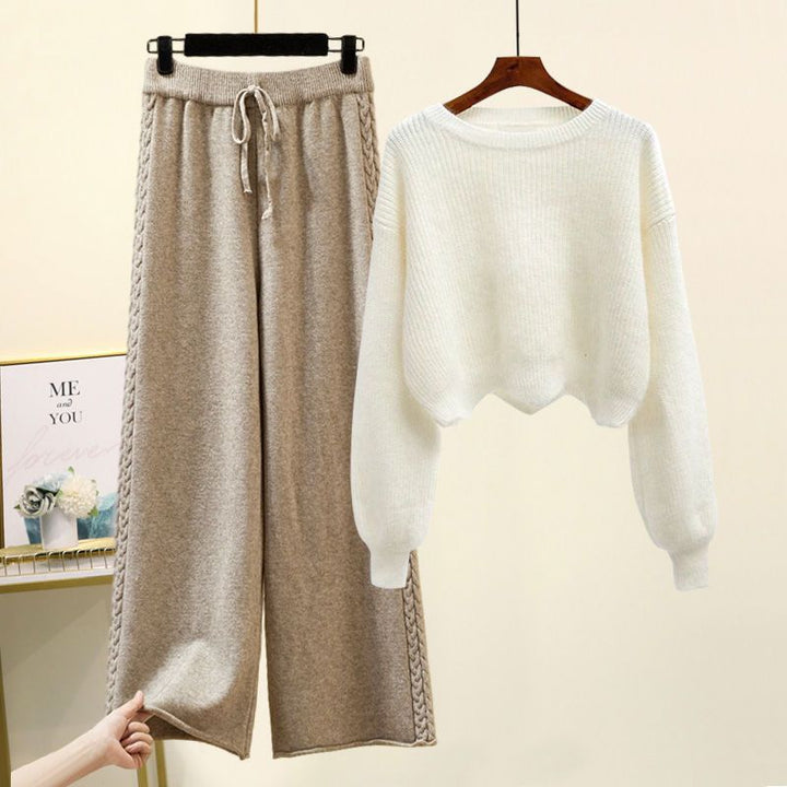 Autumn And Winter Set Knitted Sweater Slimming All-match Wide Leg Pants Suit-Women's Outerwear 2023-Zishirts