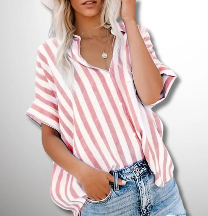 Summer New Women's Short-sleeved Shirt Cotton And Linen Stripes Loose-0-Zishirts