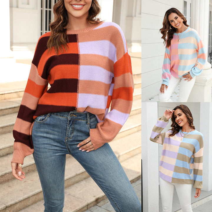 Women's Fashion Simple Stitching Striped Contrast Color Round Neck Knitwear-Sweaters-Zishirts