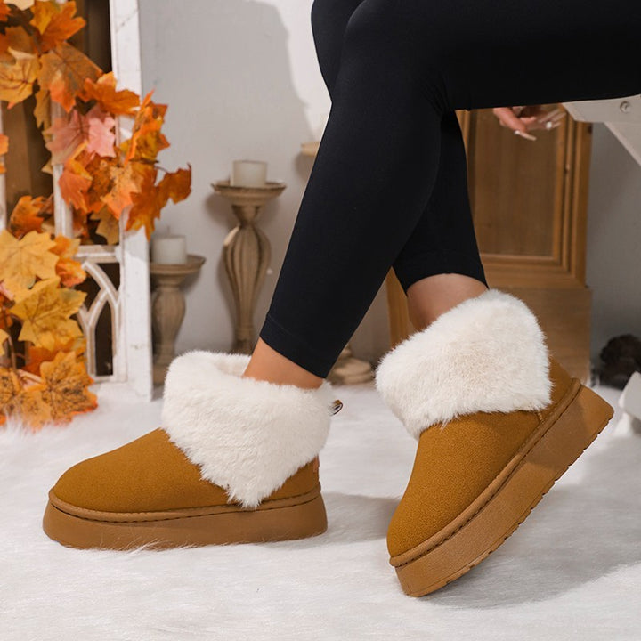 Winter Plush Snow Boots Fashion Round Toe Flat Thickened Suede Cotton Shoes For Women Casual Warm Short Boot-Womens Footwear-Zishirts