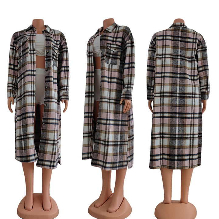 Women's Long Sleeve Lapel Plaid Woolen Coat-Jackets-Zishirts