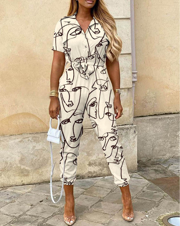 Women's Clothing Lapel Print Cargo Overalls-Womens 2024 March-Zishirts