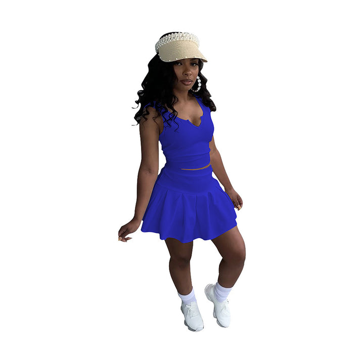 Solid Color And V-neck Sleeveless Pleated Pants Skirt Tennis Skirt Suit-Suits & Sets-Zishirts