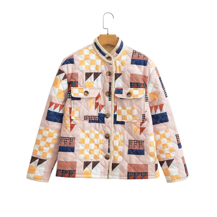 Diamond Lattice Pattern Print Cotton-padded Jacket Coat-Jackets-Zishirts