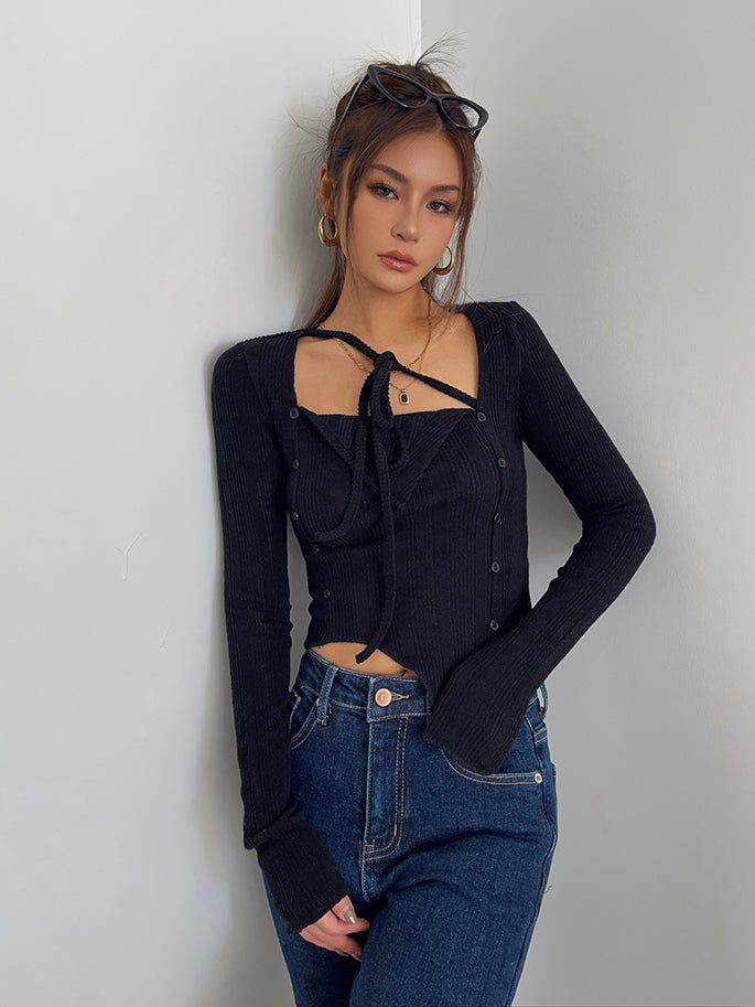 Women's Irregular Lace Up Long Sleeve Top Underlay Shirt-Blouses & Shirts-Zishirts