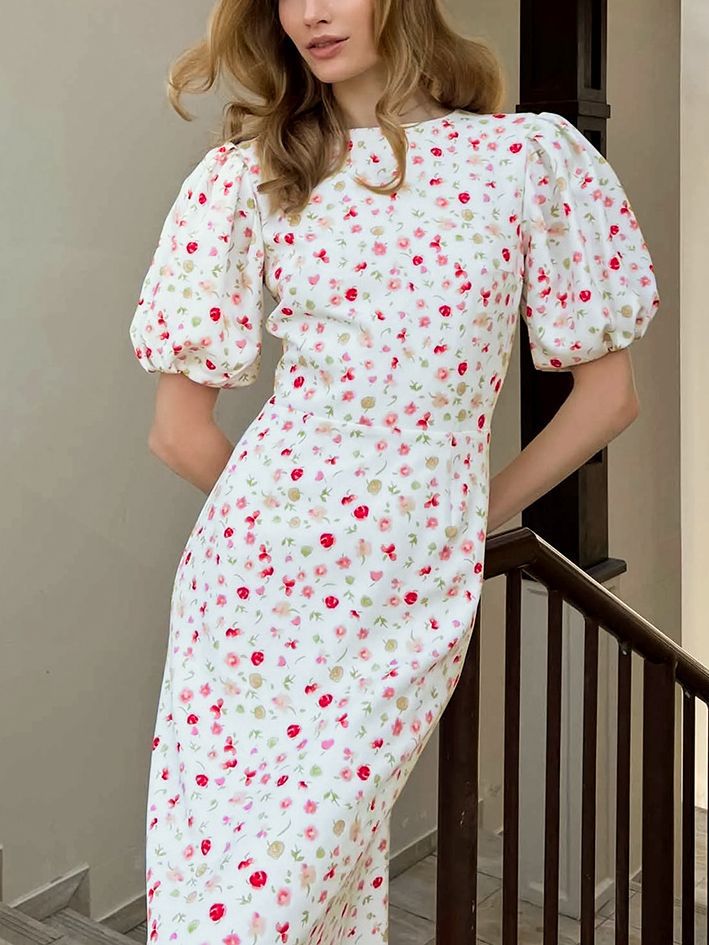 Women's Elegant Slim-fit Floral Long-sleeved Dress-Lady Dresses-Zishirts