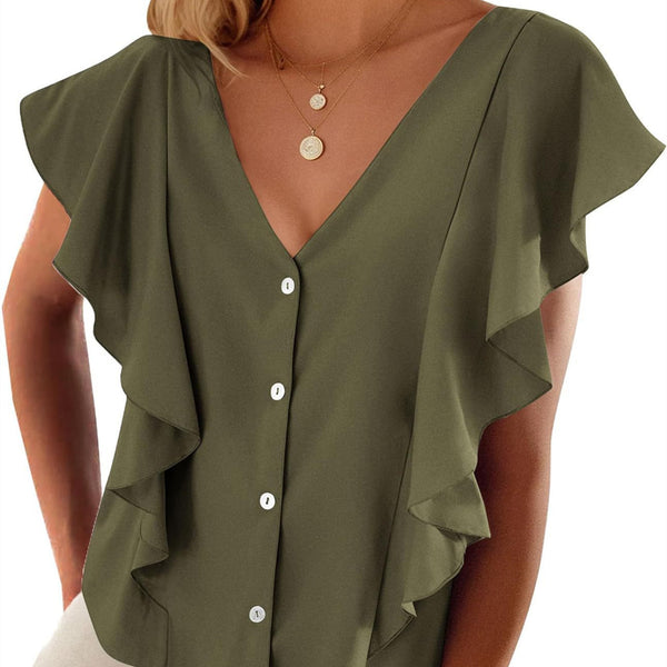 Women's Top Pleated Cover Ruffle Sleeve V-neck-Womens 2024 March-Zishirts