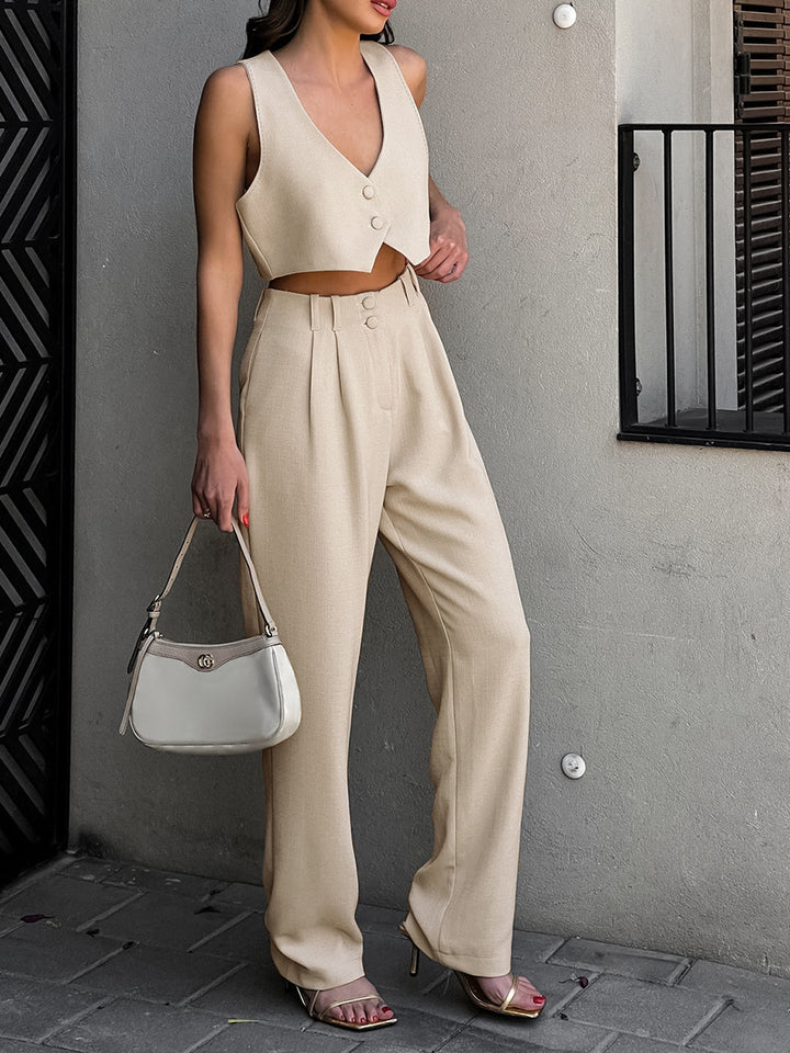 Women's Temperament Leisure Simple Vest High Waist Straight Pants Suit-Suits & Sets-Zishirts