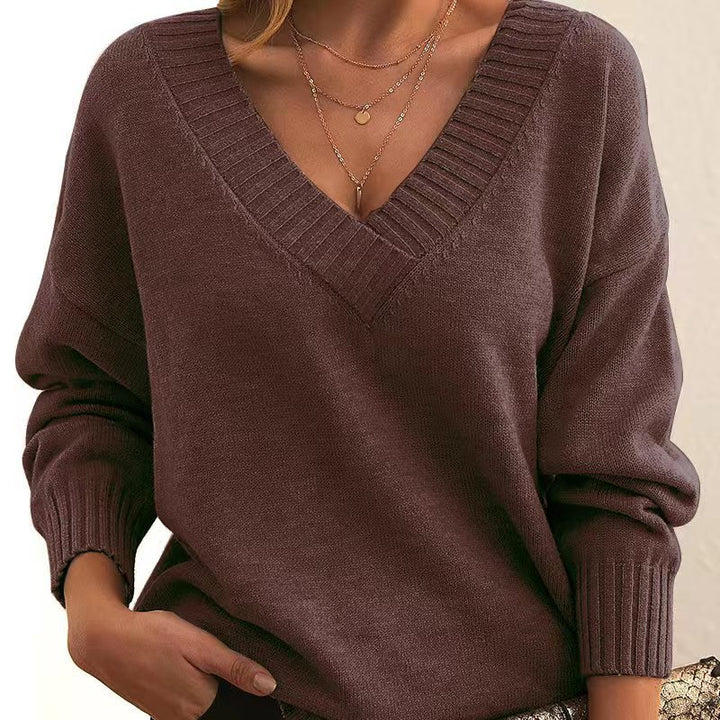 New Knitted Pullover Top For Women Loose V-neck Casual All-matching Sweater-Sweaters-Zishirts