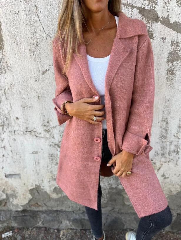 Lapel Single Breasted Cardigan With Pockets Fashion Color Solid Mid-Length Outwear Coat Womens Clothing-Jackets-Zishirts