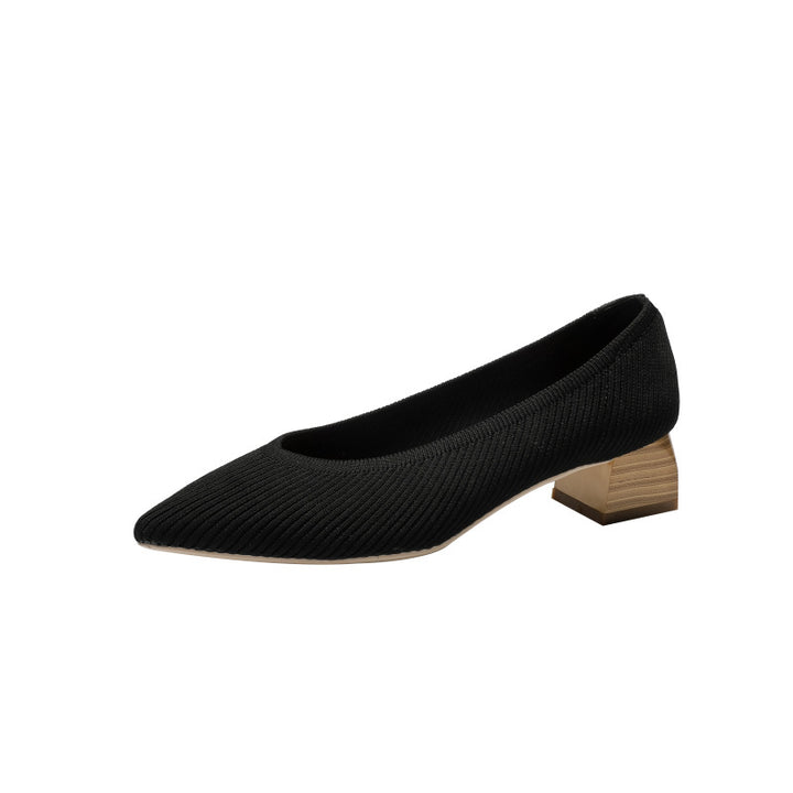 Wood Grain Thick Heel Pointed Breathable Casual Pumps-Womens Footwear-Zishirts