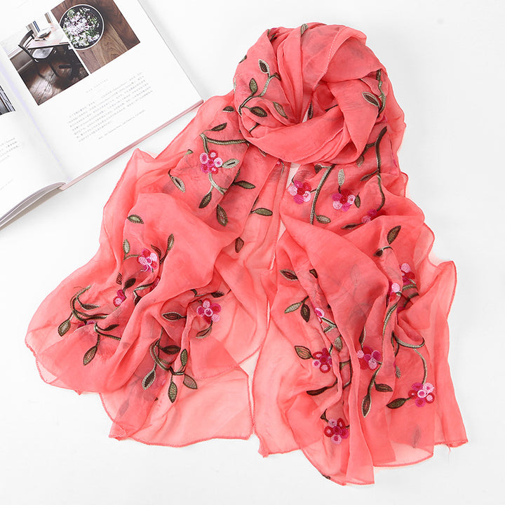 Women's Chiffon Flower Embroidered Silk Scarf Beach Shawl-Scarves & Wraps-Zishirts