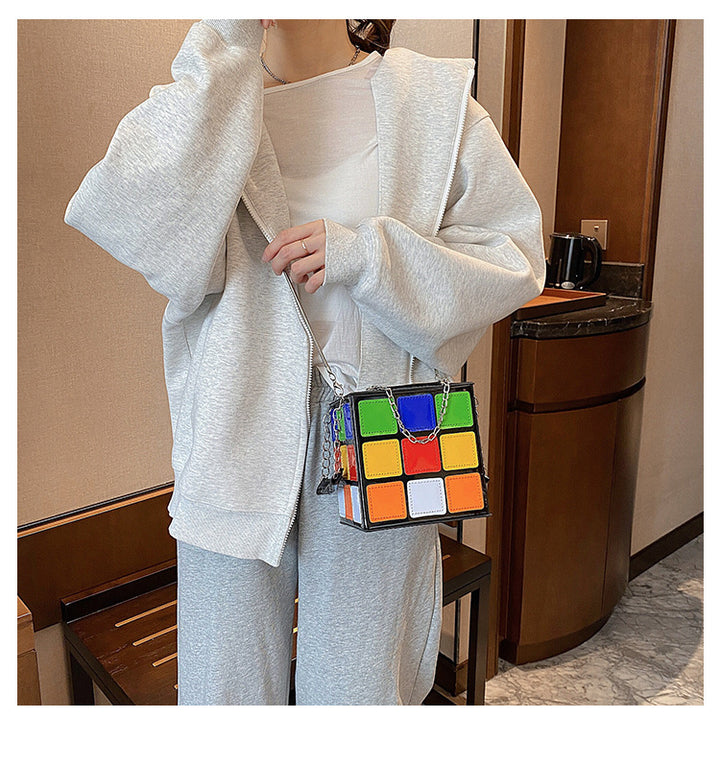 Fashion Color Contrast Cute Personality Creative Rubik's Cube Shape Portable Hand-carrying Chain Bag-Women's Bags-Zishirts