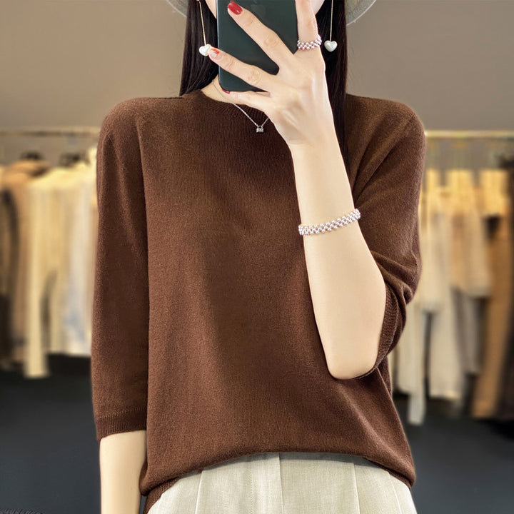 Front Line Ready-made Garments Worsted Sweater Half Sleeve Round Neck Pure Color All-matching Loose T-shirt-Sweaters-Zishirts