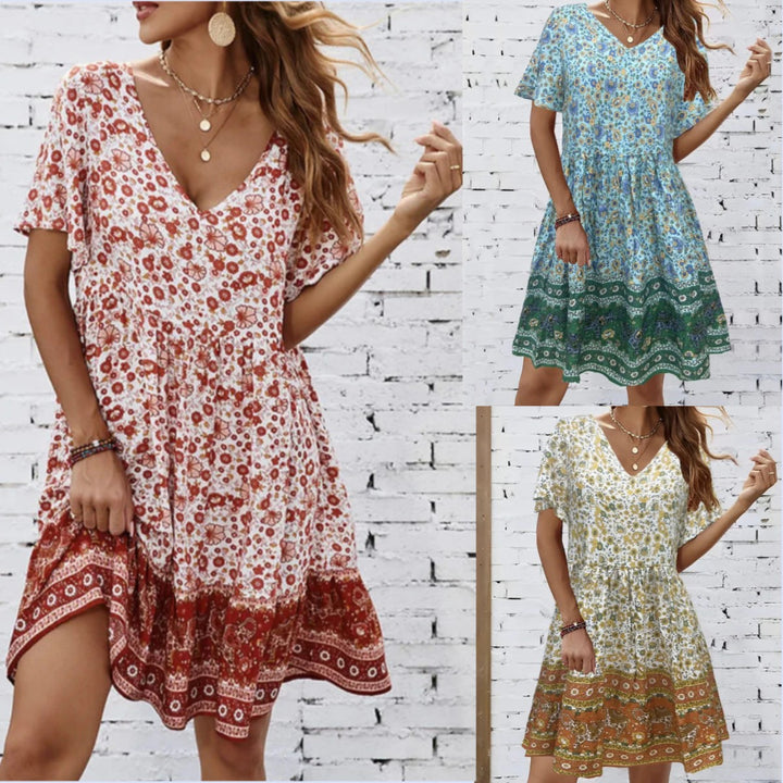 Summer V-neck Short-sleeved Printed Dress For Sleeping-Lady Dresses-Zishirts