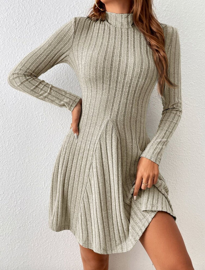 Half Turtleneck Solid Color Rib Fabric Long Sleeve Dress Women-Lady Dresses-Zishirts