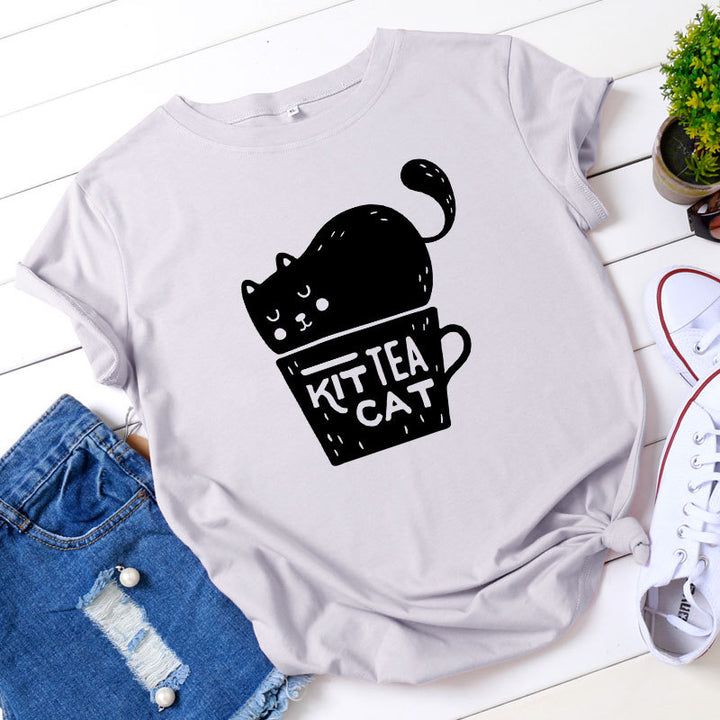 Casual KIT TEA CAT Printed Round Neck Plus Size Short Sleeve-Blouses & Shirts-Zishirts