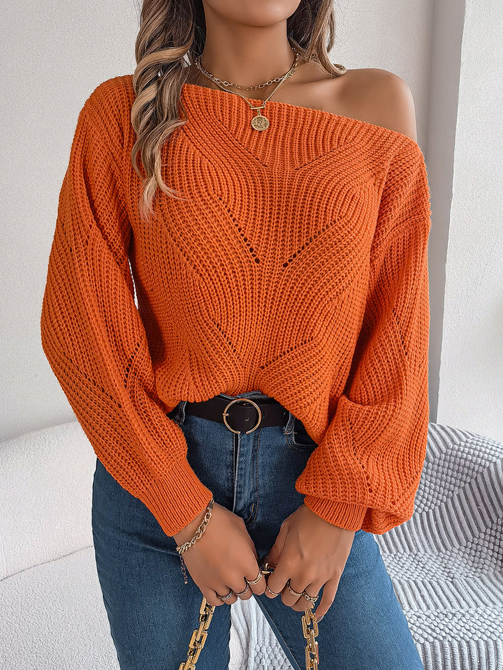 Casual Hollow-out Off-neck Off-the-shoulder Lantern Sleeve Sweater-Women's Outerwear 2023-Zishirts