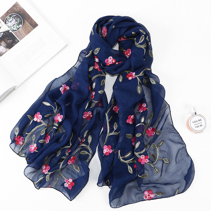 Women's Chiffon Flower Embroidered Silk Scarf Beach Shawl-Scarves & Wraps-Zishirts