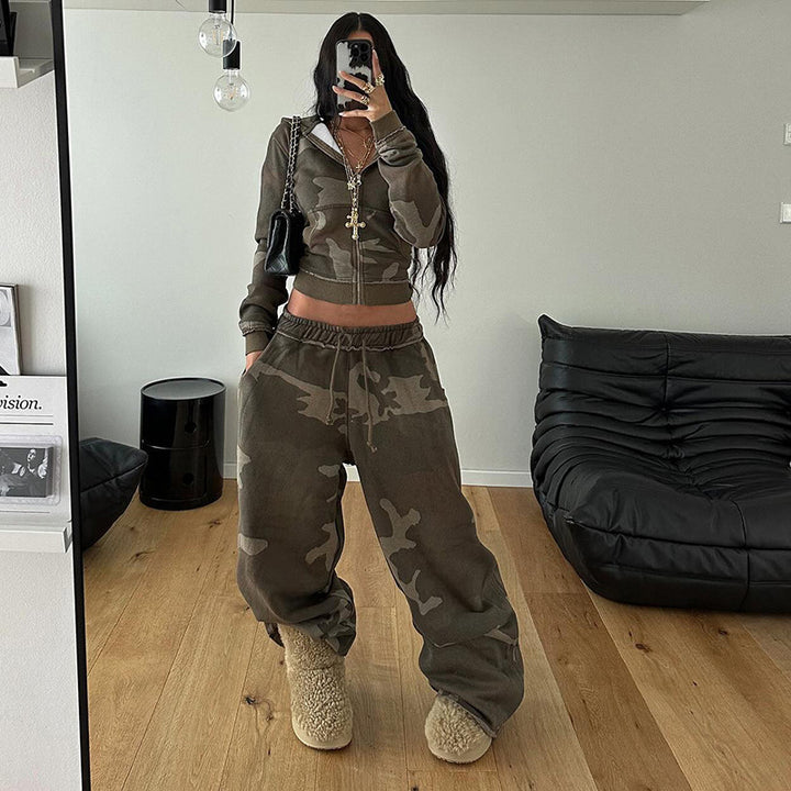 Camouflage Contrast Color Hooded Zipper Sweatshirt Loose Large Design Sweatpants Casual Two-piece Suit-Suits & Sets-Zishirts