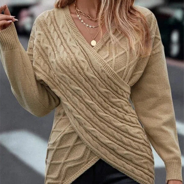 Women's Fashion Casual Solid Color And V-neck Cross Brocade Sweater-Sweaters-Zishirts