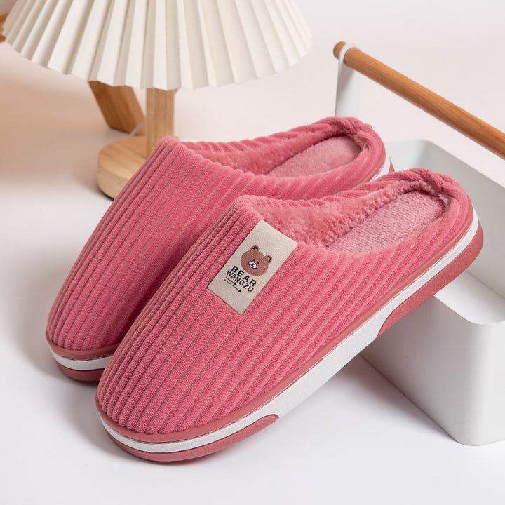 Solid Color Striped Slippers For Women Thick-soled Anti-slip Indoor Warm Plush Home Shoes Couple Women Men Slipper Winter-Womens Footwear-Zishirts