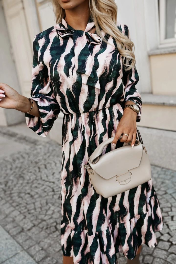 Women's Fashion Bowknot Zebra Print Long Sleeve Dress-Lady Dresses-Zishirts