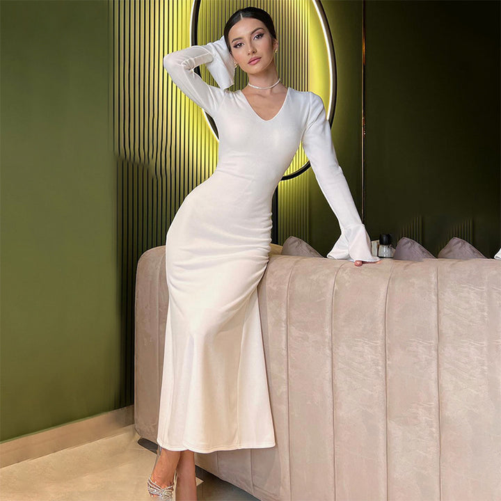 Women's Fashion Solid Color Bell Sleeve Tied Slim Fit Dress-Lady Dresses-Zishirts