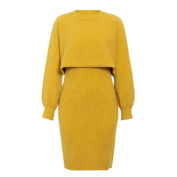 2pcs Knitted Dress Suit Fashion Solid Color Pullover Lantern-sleeved Sweater Fall Winter Women's Clothing-Lady Dresses-Zishirts