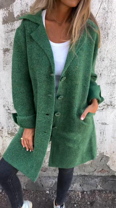 Lapel Single Breasted Cardigan With Pockets Fashion Color Solid Mid-Length Outwear Coat Womens Clothing-Jackets-Zishirts