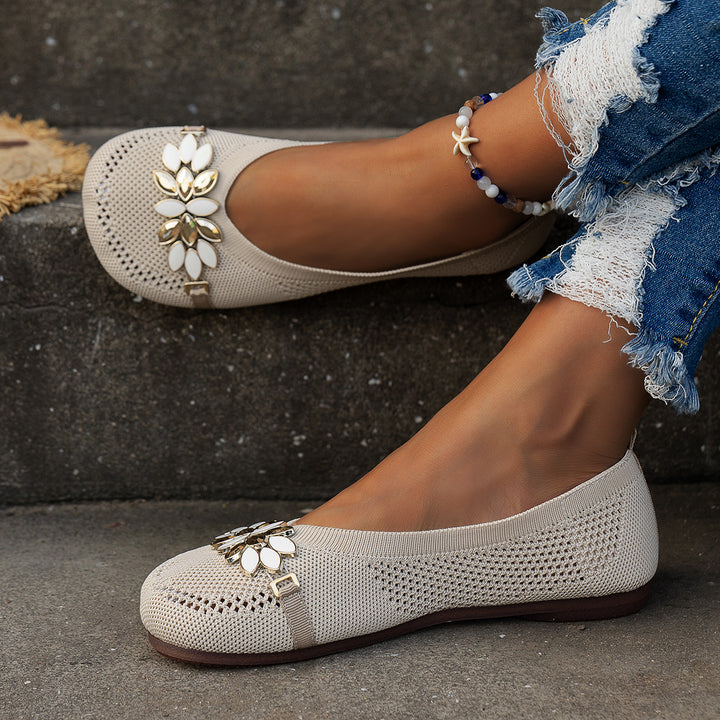 Round Toe Flat Shoes With Floral Metal Decoration Women's Knitted Soft-soled Shoes-Womens Footwear-Zishirts