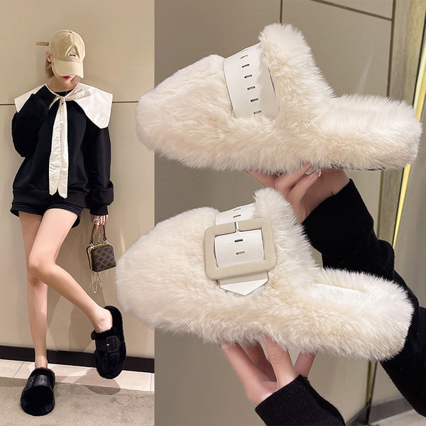 Women's Fashion Simple Thick Bottom Toe Cap Fluffy Slippers-Womens Footwear-Zishirts