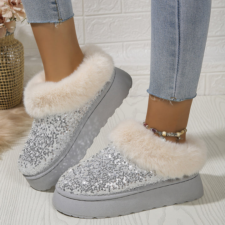 Fashion Sequined Thick-soled Plush Shoes Winter Indoor And Outdoor Casual Warm Slippers Women Garden House Shoes-Womens Footwear-Zishirts