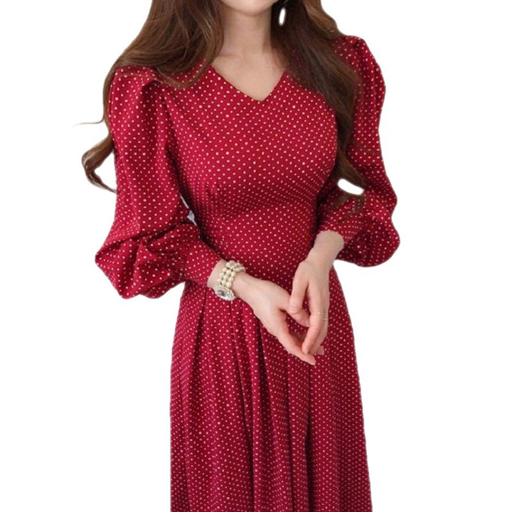 Women's Fashionable Slim Collar Slim-fit High Waist Lace-up Lantern Sleeve Dress-Lady Dresses-Zishirts