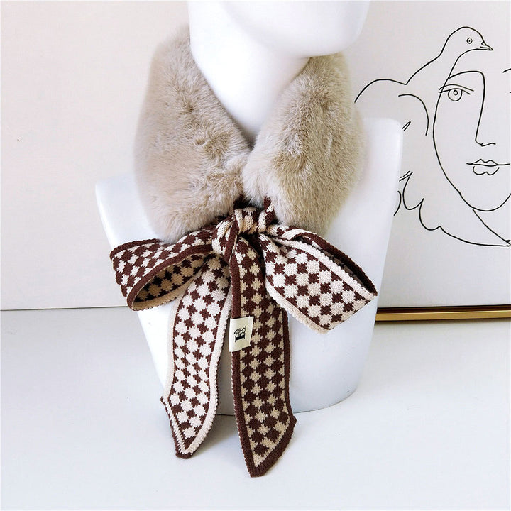 Houndstooth Fur Collar Scarf Women's Korean-style Plush Scarf Winter Warm Thickened Women's Scarf-Scarves & Wraps-Zishirts