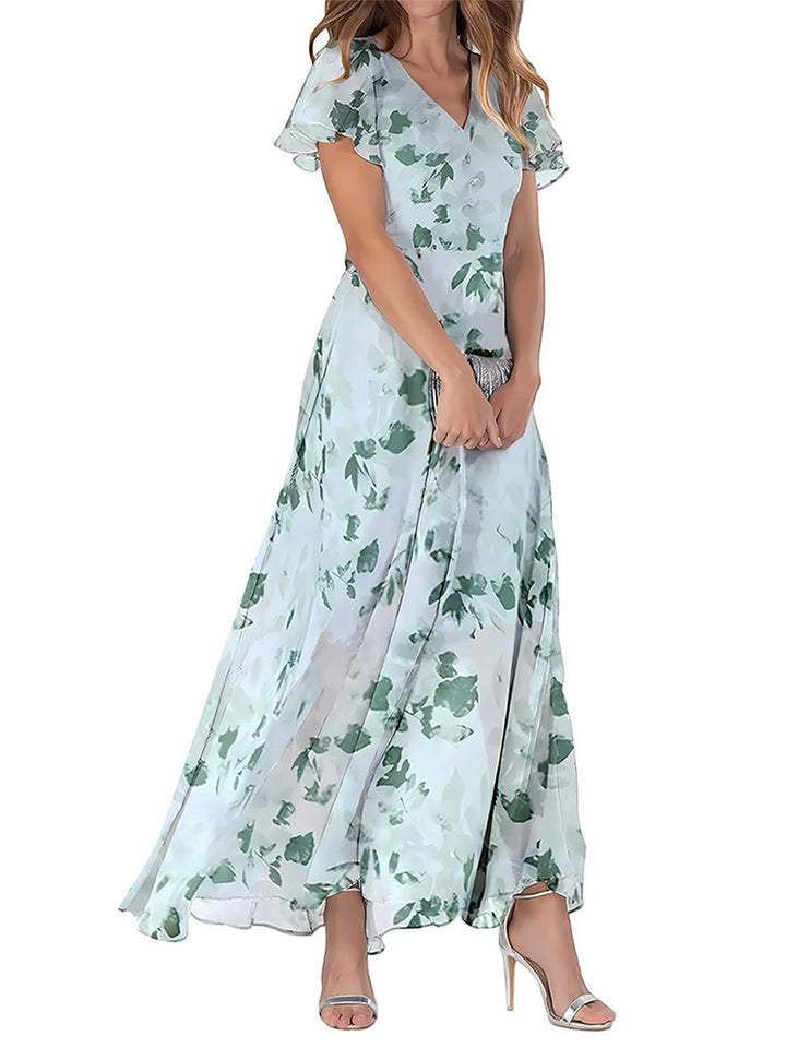 Women's Short Sleeve Printed Chiffon Dress-Lady Dresses-Zishirts