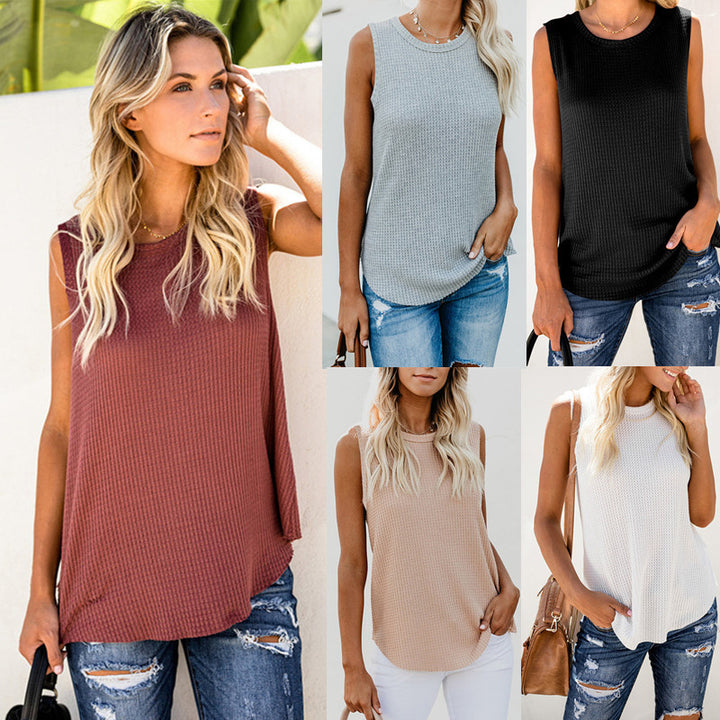 Solid Color Round Neck Sleeveless T-shirt Top Vest-Blouses & Shirts-Zishirts