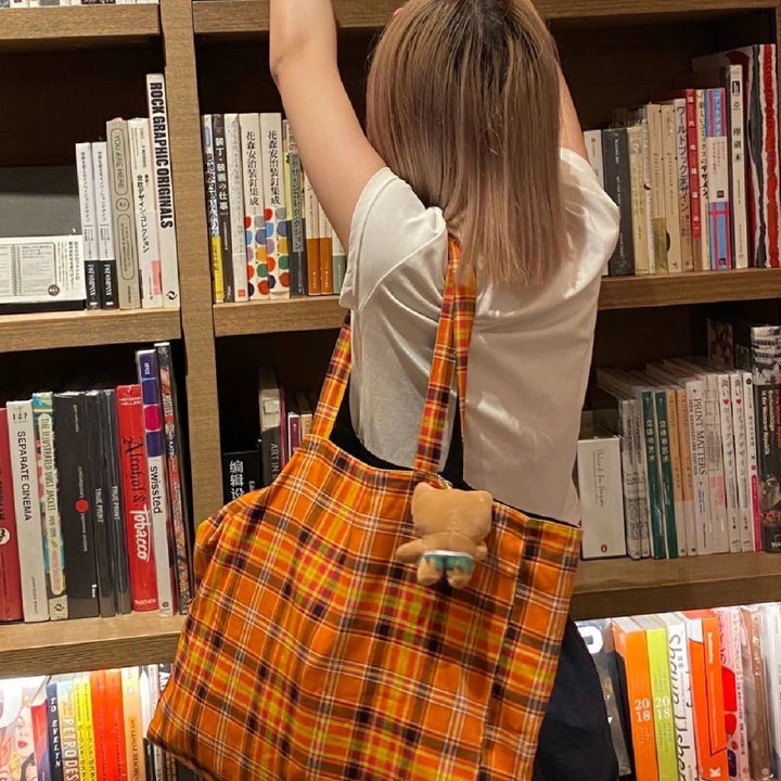 Niche Retro Plaid Orange Tote Bag Portable-Women's Bags-Zishirts