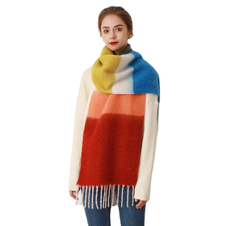 Striped Plaid Fringed Cashmere Mohair Scarf-Scarves & Wraps-Zishirts