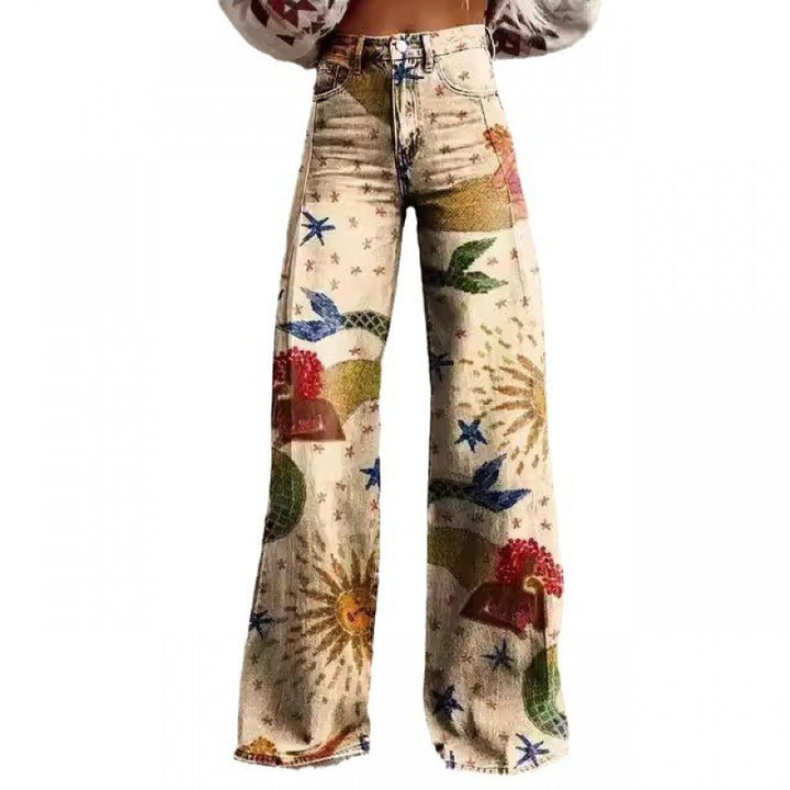 Fashion Women's Printed High Waist Loose Thin Imitation Denim Wide Leg Pants-Woman Jeans-Zishirts