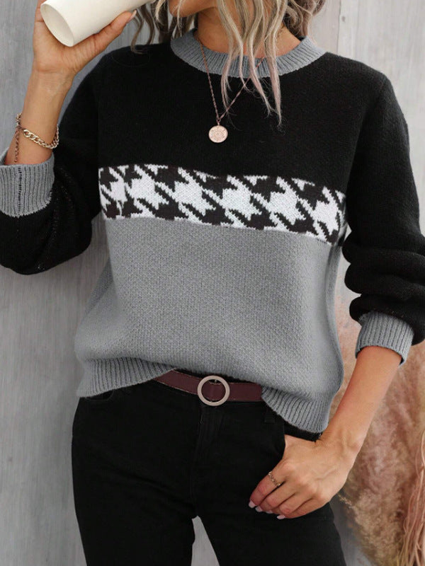 Contrast Color Pullover Round Neck Knitted Sweater Fashion Geometry Pattern-0-Zishirts